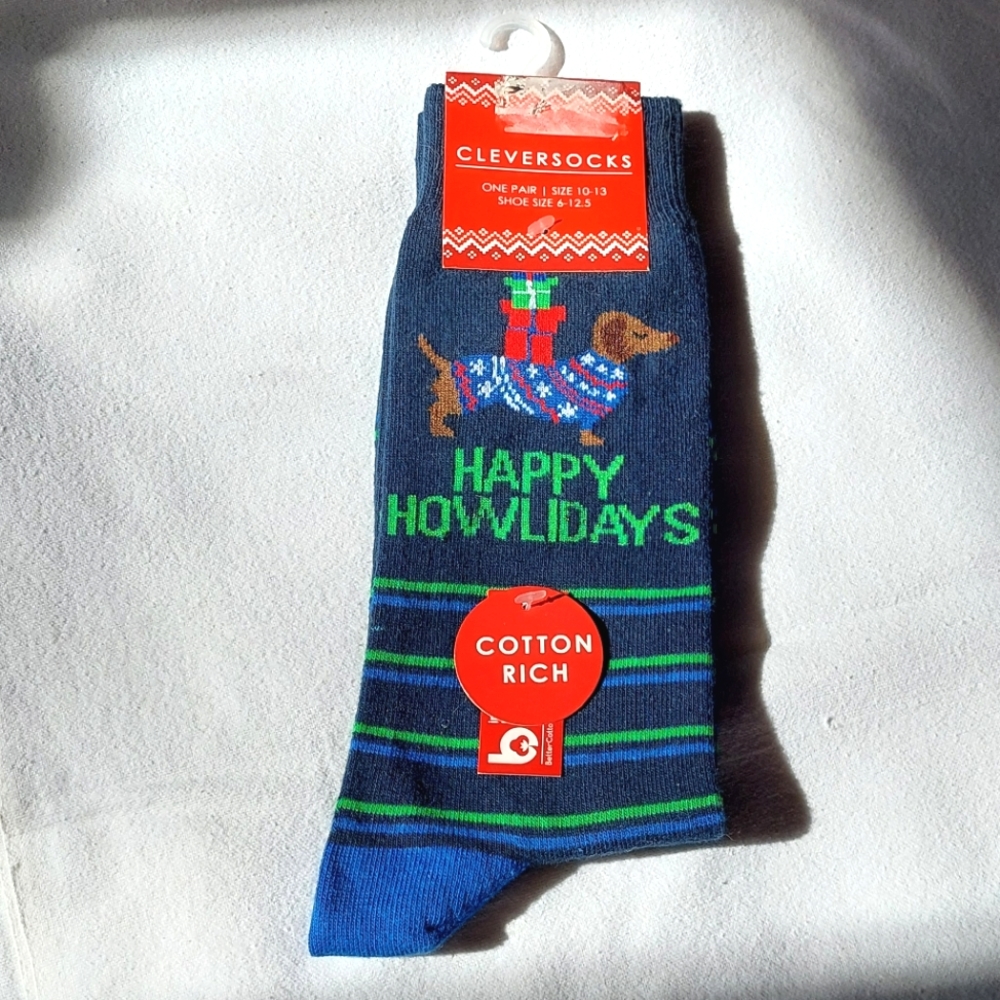CLEVERSOCKS Men's "Happy Howlidays" Striped Novelty Socks NWT Sock Size 10-13